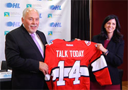 OHL Commissioner David Branch and CMHA Ontario CEO Camille Quenneville announce Talk Today