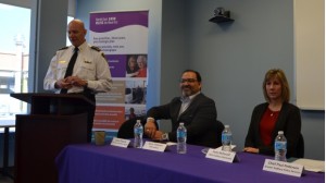 Sudbury police chief Paul Pedersen, left, said at the announcement of a harm reduction home in downtown Sudbury that it will free up police officers from alcohol-related calls. (Photo courtesy of CBC).