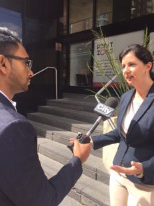 Photo of CMHA Ontario CEO Camille Quenneville interviewed about the announcement by CityNews reporter Nitish Bissonauth.